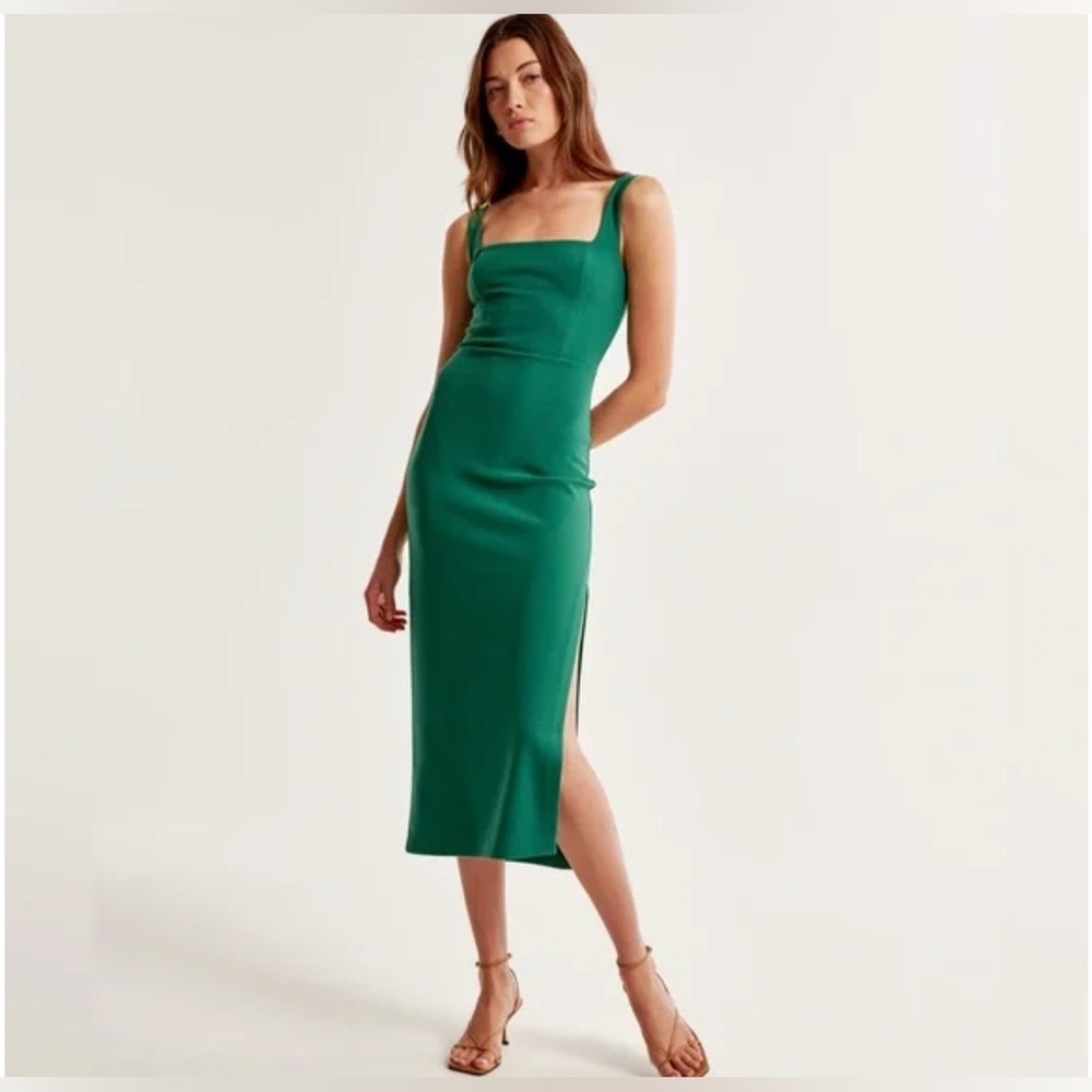 Abercrombie & Fitch Squareneck Column Midi Dress DARK GREEN